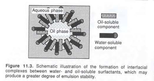 Mixed Surfactant systems and Interfacial Complexes 수용성및지용성 surfactant 족의존재는emulsion system의안정성을향상시킨다.