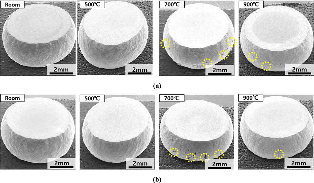 함기수 박순홍 이기안 300 Fig. 8. Low magnification surface observation results of SLMed AISI 316L alloys after room and elevated temperature compressive tests; (a) F alloy and (b) H alloy. 다.