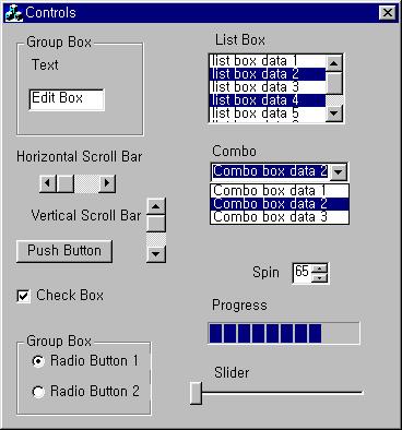 텍스트레이블 (static text label) 버튼 (push button) 라디오버튼 (radio button) 체크박스 (check box) 리스트박스 (list box) 콤보박스 (combo box) 에디트 (editable text areas; single-line/multi-line) 스크롤바