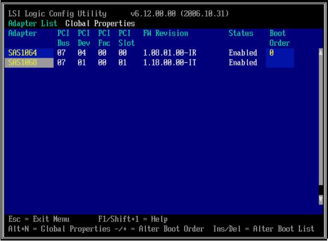 그림 3.11. LSI Corp Config Utility 메뉴 4. 5. 32 부트 옵션을 변경하려면 화살표 키를 사용하여 Boot Order 필드로 이동하고 키보드에서 키를 사용하여 값을 변경합니다(다음 표 참조).