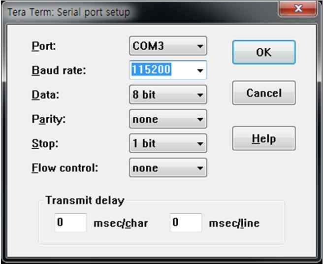 jp/ v TeraTerm 실행 Ø 설치가완료되면 TeraTerm 을실행하고해당 Serial Port 를지정하고 OK 버튼을누른다.