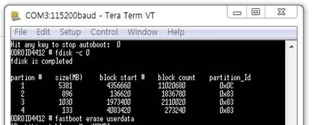 Terminal 의 boot mode 에서 fastboot 실행 v 먼저, OTG cable 연결 v TeraTerm