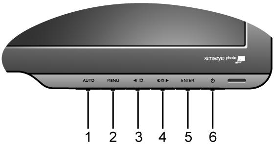 6. 모니터조정방법 제어패널 1. "AUTO" : 수직위치, 상, 수평위치및픽셀시계등을자동으로조정합니다. 2. "MENU" 키 : OSD 메인메뉴를실행하고이전메뉴로돌아가거나 OSD 를종료합니다. 3. ( 왼쪽 )/Mode ( 모드 ) 키 : 왼쪽 / 감소조정용. "Mode ( 모드 )" 의바로가기키입니다. 4.