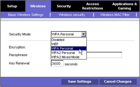 별첨 1. 무선 AP 환경설정방법 (2/2) WPA 보안모드사용 링크시스무선 AP 설정 Security Mode: WPA 무선보안기능선택 - WPA(Wi-Fi Protected Access): TKIP, AES 두가지암호화방식을통해보다안전한암호화기능제공