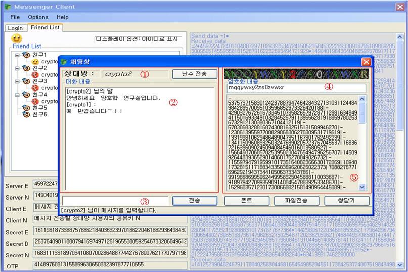 6 폰트버튼은메시지내용을표시할때글자모양과글자크기를지정할수있다. 7 파일전송버튼은상대방에게파일을전송할때사용되는버튼으로클릭하게되면보낼파일을찾아서메시지를전송할수있다. 8 창닫기버튼은채팅을종료할때사용된다.