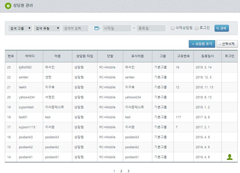 06 관리자페이지환경설정 1) 상담원관리 상담원계정의등록 / 삭제 / 수정의작업을할수있습니다.