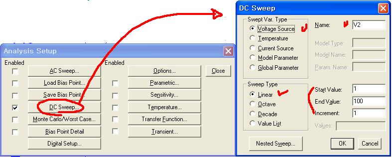 가변 DC 전원더쉽게만드는방법 : DC SWEEP 이용하는방법. 1 왼쪽과같이전원에대해서는 ( 그래프에는영향미치지않음) 0V 혹은아무전압이나적어놓는다. 2 (Setup Analysis) 클릭, DC Sweep 를클릭하고, 아래와같이기입. Voltage Source : Voltage Source 를가변할것이다.