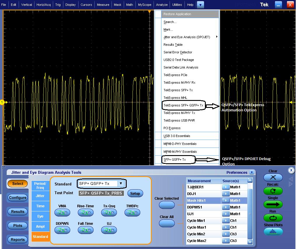 디지털 및 혼합 신호 오실로스코프 MSO/DPO70000 시리즈 Tektronix SFP+ QSFP+ Tx 는 실시간 오실로스코프 플랫폼에서 개발되 었으며, 이 플랫폼은 SFF-8431 및 SFF-8634 기술로