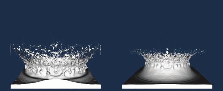 (a) Particle-based fluids (b) Our method Figure 1: Water splash by our method with CPU-GPU heterogeneous framework. Right two columns in (b): A visualized splash with particles.