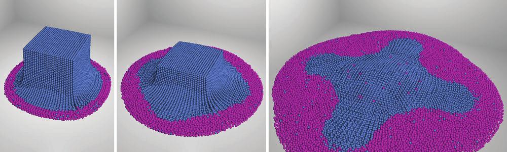 Figure 4: Selected thin particles from water particles (thin particles are colored violet and lie on the outer edge of the fluid body). 는스트레칭정도를나타낸다. 얇은표면에존재하는 Thin입자는 σ 3 α 2 σ 1 를검사하여추출한다.