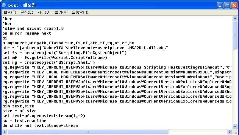여기서 Sasan이쓰거나생성하는파일들만뽑아서분석을해보았다. 먼저 [ 그림 12] 를통해 Sasan은 wscript.exe( 윈도우스크립트실행파일 ) 를이용하여윈도우폴더안에자신을복제하고, boot.ini 파일을생성한다. boot.ini 파일을확인해본결과자기자신과동일한파일임을알수있었다.