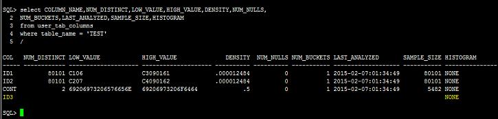 2 NUM_BUCKETS,LAST_ANALYZED,SAMPLE_SIZE,HISTOGRAM 3 from user_tab_columns 4 where table_name = 'TEST' 5 / COL NUM_DISTINCT LOW_VALUE HIGH_VALUE DENSITY NUM_NULLS NUM_BUCKETS LAST_ANALYZED SAMPLE_SIZE