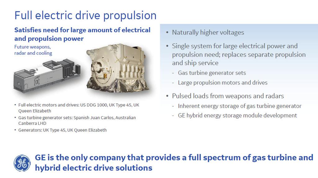 118 [ 회원사기술현황소개 ] GE Power Conversion, GE Marine 한국추진공학회지 Fig. 5 Key Features of Naval Full Electric Drive Propulsion. 전기추진시스템은대잠수함전 (ASW, Anti-Submarine Warfare) 에중요한우수한소음성능과함께저속에서의효율적인추진력을제공한다.