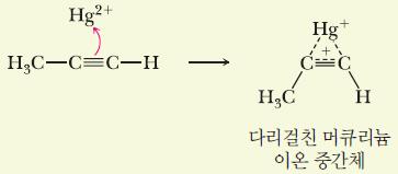 B. 산 - 촉매수화반응 1 단계 ( 다리걸친 Mercurium 양이온중간체생성 ) C C( 친핵체 )