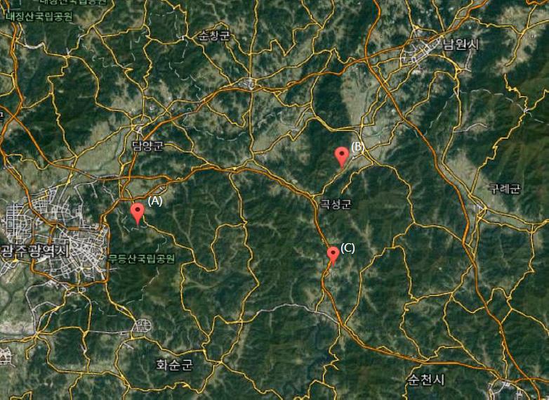 Fig. 1. The Google Maps showing experimental sites (https://www.google.co.kr/maps).