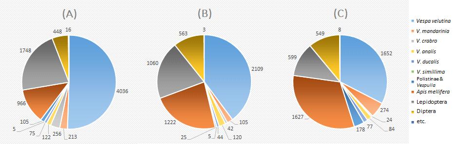 5 cm), (D) Collecting bottle (56 holes, Ø 6 mm) and (E) Shield part for the prevention of captured Vespa to access to attractant solution. 벌 (326개체, 3.5%), 말벌 (322개체, 3.5%), 꼬마장수말벌 (196개체, 2.