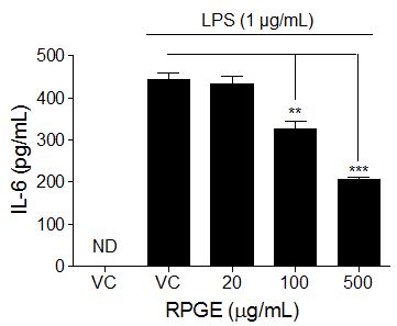 RPGE inhibits LPS-induced NO synthesis in splenocytes. The cells were treated with LPS (1 μg/ml) and the various concentrations of RPGE for 24 hours.