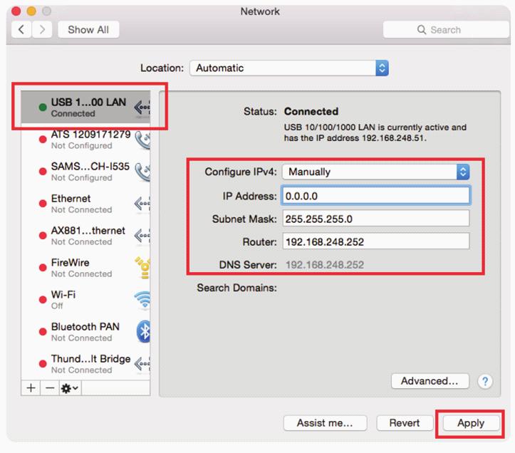 네트워크 케이블을 제품에 연결하십시오. Mac이 인터넷에 올바르게 연결되지 않은 경우 오른쪽의 시스템환경 설정에서 네트워크 설정을 구성하십시오. 수동 IP 주소 설정 : 시스템환경설정 > 네트워크 로 이동하십시오.