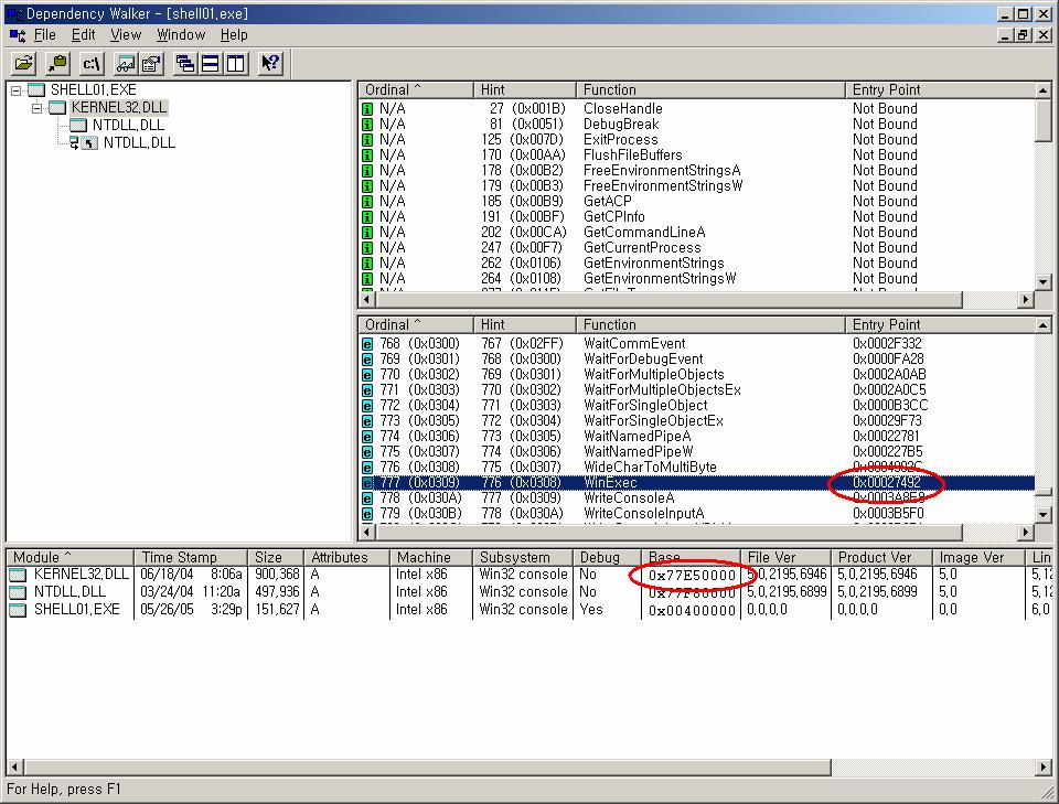 라달라진다. 이것이 Windows 시스템에서의 shellcode와 *nix 시스템의 shellcode의가장큰차이점이다. 아무튼유효한 address를찾기위해서는몇가지방법을쓸수있다. 첫번째방법으로는 w32dasm disassemble 프로그램을이용하여 KERNEL32.DLL 파일을 disassemble하여 base address를찾은다음 KERNEL32.