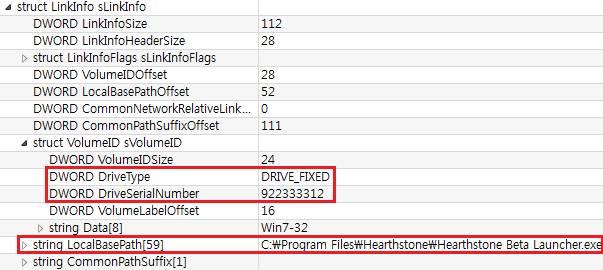 LinkInfo 의 VolumeID 헤더에선 DriveType 을통해링크대상이위치한드라이브의 형식과