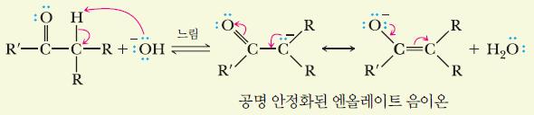 C. α Halogenation 1 단계 ( 공명안정화된 Enolate Anion 생성 ) H + 가 α 탄소로부터염기로이동하여공명안정화된 Enolate Anion 형성 2 단계 (α