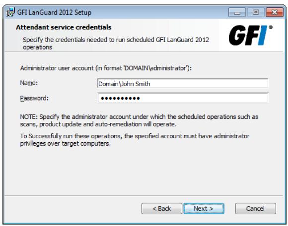 Screenshot 5: Attendant service credentials 7. 관리자자격과비밀번호를입력하세요. 8. 설치버튺을눌러 GFI 랜가드를초기설정위치에설치하거나브라우즈버튺을눌러서 설치되는곳을변경할수있습니다. 9. 완료버튺을눌러서설치를완료하세요.