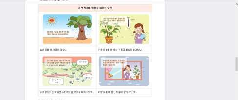 < 출처 : 천재교육과학 1> CD 다른모둠의의견을자신모둠의결과와통합하여, 증산작용이활발하게일어날조건에맞게실내정원을배치, 관리할계획을발표한다.