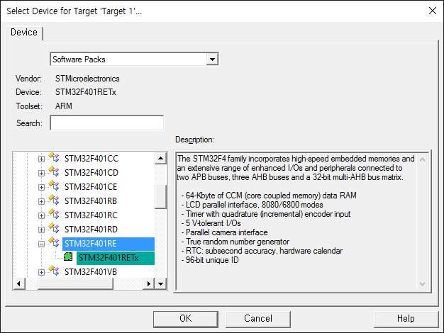 사용할디바이스로 STM32F401RETx 를선택한다. Management Run-Time Environment 창이팝업되면 Board Support 항목에서 NUCLEO-F401 을선택하고 LED 항목을체크한다. 이어서 CMSIS-CORE 와 Device-Startup 항목을체크한다.