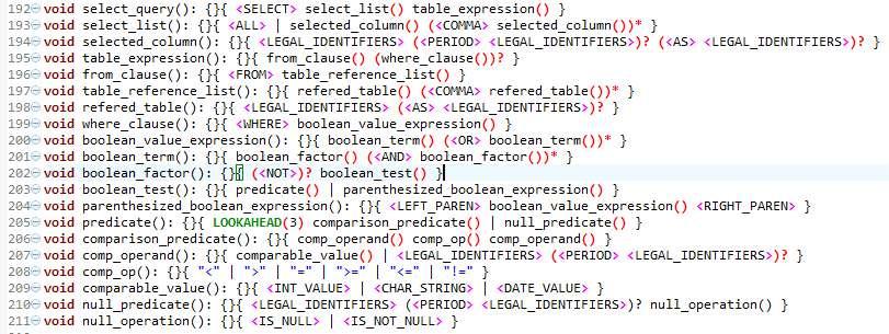 LOOKAHEAD를지정하지않은경우 comp_operand() 의정의에의해올바른 predicate() 이들어오더라도 <LEGAL_IDENTIFIERS> 로인식하게된다. 그러므로 LOOKAHEAD를 3으로지정해주어 <LEGAL_IDENTIFIERS> 뒤의토큰들을미리검사하게해야한다. 상세구현 2: Scheme Store and Access SQLParser.