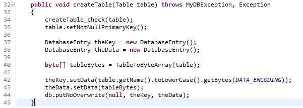 테이블을생성하는것은 DBManager의 createtable() 을호출함으로써수행할수있다. 34줄에서 createtable_check() 는테이블생성시선행되어야할 semantic check를수행한다. 35줄의 setnotnullprimarykey() 는 Table 클래스내에정의된함수로서 primary key인 column은 not null 로설정해준다.