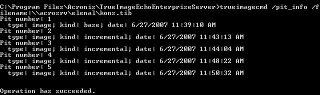 trueimagecmd /deploy /filename:z:\server30cdrive.tib /partition:1-1 /target_partition:2-1 /type:active /password:123qwe 비밀번호 123qwe 로보호된 Server30Cdrive.tib 이미지에저장된파티션 1-1 을파티션 2-1 에복원합니다.
