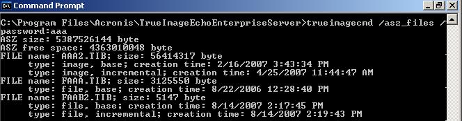 trueimagecmd /asz_files /password:aszpw 생성된파일이름을사용하여 Acronis 보안영역크기, 여유공간및내용을나열합니다. 예제에서, Acronis 보안영역에는세개의아카이브가들어있습니다. AAA2 (2 는아카이브의백업수를의미 ) 아카이브는다음요소로구성됩니다.