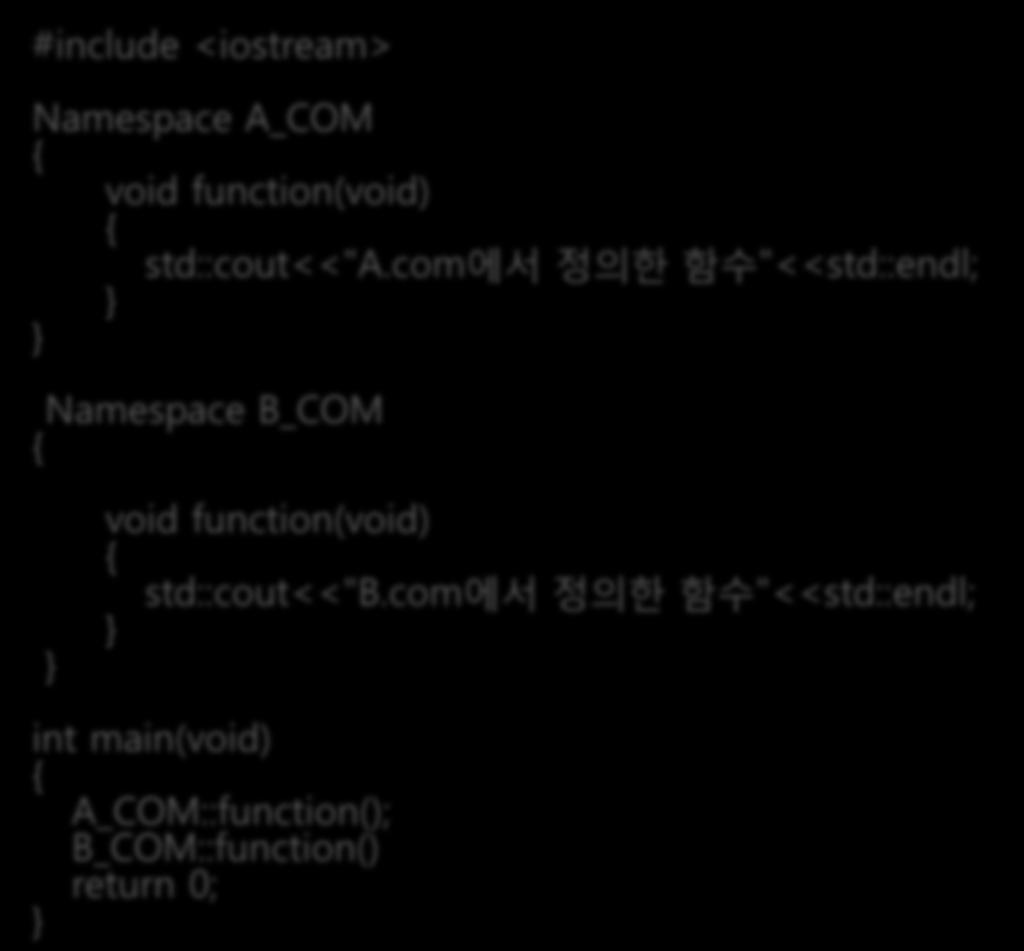 이름공간 (namespace) #include <iostream> Namespace A_COM void function(void) std::cout<<"a.