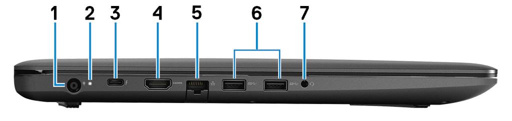 3 Dell G3 3579 의모습 왼쪽 1 전원어댑터포트컴퓨터에전원을제공하고배터리를충전하기위해전원어댑터를연결합니다. 2 배터리상태표시등 / 하드드라이브작동표시등배터리충전상태또는하드드라이브작동을나타냅니다. 노트 : Fn+H를눌러배터리상태표시등과하드드라이브작동표시등간에전환합니다. 하드드라이브작동표시등컴퓨터에서읽거나하드드라이브에쓸때켜집니다.