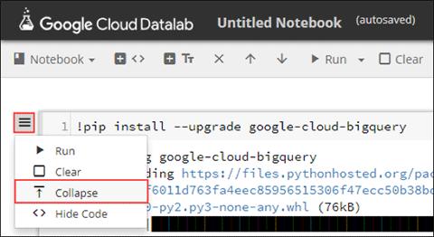 베스핀글로벌의 GCP( 구글클라우드플랫폼 ) 가이드구글클라우드플랫폼의 Datalab 및 BigQuery 를이용한빅데이터분석 3. Visualize data in Cloud Datalab 1) Datalab 화면에서 Notebook 을추가합니다.. 2) 첫번째셀에서 BigQuery Python 라이브러리를최신으로업데이트합니다.