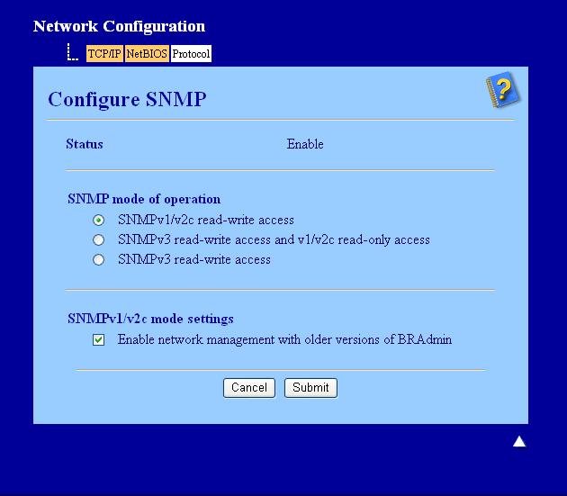 보안기능 f Configure Protocol ( 프로토콜구성 ) 을클릭합니다. g SNMP 설정이활성화되어있는지확인한다음, Advanced Setting ( 고급설정 ) 에서 SNMP 을클릭합니다. h 아래화면에서 SNMP 설정을구성할수있습니다. 7 SNMP 연결조작모드가 3 가지있습니다.