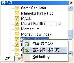 9 즐겨찾기 탐색기화면의하단부에있는 즐겨찾기 탭은 MetaTrader4 를사용할때사용빈도가높은항목들 에빨리접근할수있도록도와줍니다. 탐색기화면의 일반 탭에서자주사용하는항목에마우스오른쪽버튼을클릭 즐겨찾기추가를 선택하면 즐겨찾기 탭에추가됩니다.