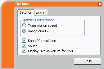 프리젠테이션도구 USB 표시 (WINDOWS 컴퓨터 ) ( 계속 ) 옵션창플로팅메뉴에서옵션버튼을클릭하면옵션창이표시됩니다. Optimize Performance ( 성능최적화 ) LiveViewer Lite for USB 가 JPEG 데이터의스크린샷을캡처하여프로젝터에전송합니다.