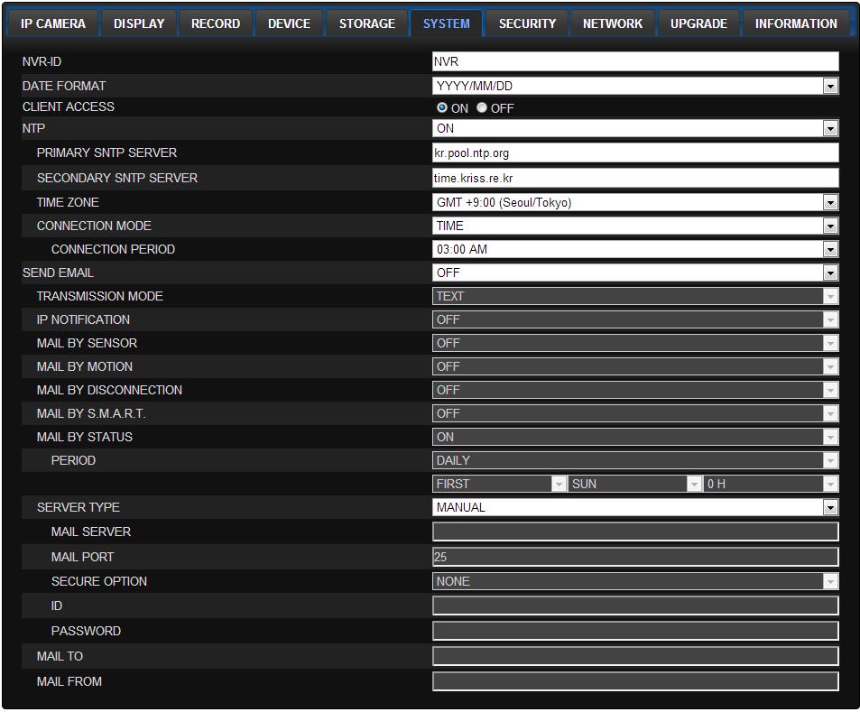 NVR ID: 날짜형식 : 날짜표시형식을선택클라이언트접속 : 네트워크클라이언트소프트웨어를통한원격접속여부 NTP 설정