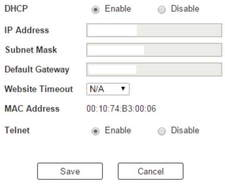 네트워크 네트워크페이지는 VM6404H / VM6809H 연결을위한 IP 설정, 웹사이트타임아웃, 텔넷설정이 가능합니다. Enable DHCP는 DHCP 서버가 VM6404H / VM6809H 에 IP 주소를할당하도록합니다. Disable을선택하면장치에고정 IP 주소를입력할수있습니다. Cancel 을클릭하면다음기본값들을사용합니다.