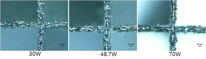 Photos of metalic cross lines as a funtion of various laser powers : (a) 30 W (b) 48.7 W (c) 70 W Fig. 5는레이저출력이 30 W, 초점크기가 28.