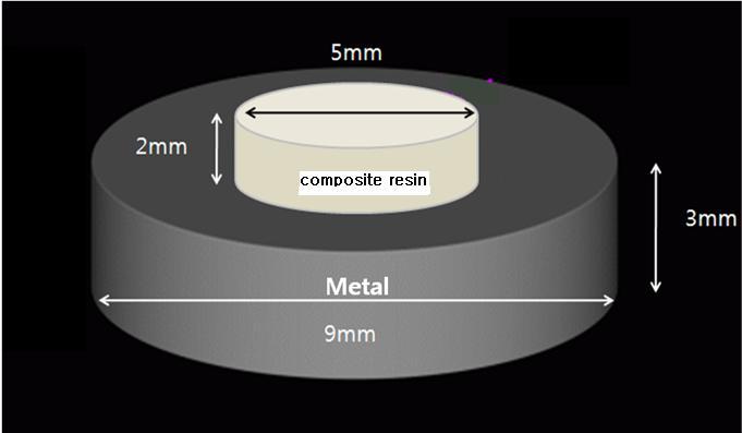 동일한크기의경질레진을축성하였다. 이러한과정을통해서금속시편에 대한경질레진의결합면적을동일하게통제하였다. Figure 2. Dimension of the metal specimens and composite resin (4) 전단결합강도검사 제작된모든시편 (Figure 3) 은 24 시간동안증류수에넣어보관한다.