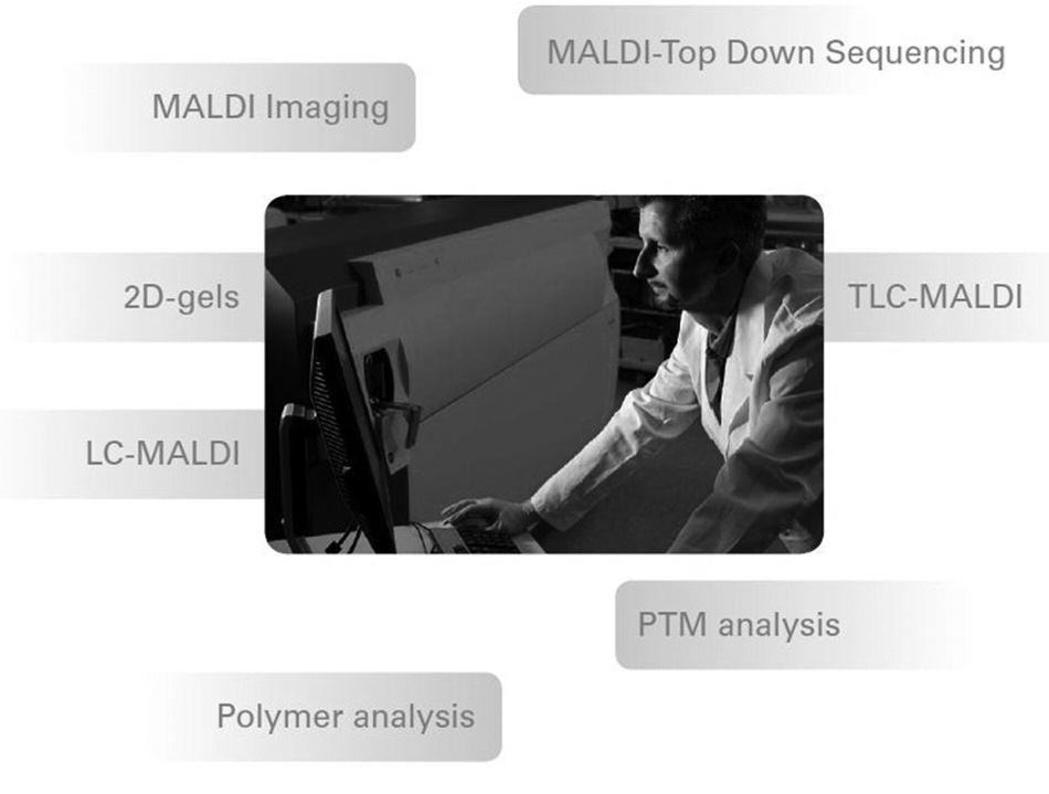 활용 분야으로는 Genomics, Proteomics, Metabolomics, Lipidomics, Glycomics 등과 같은 다양한 오믹스(omics)분야와 고분자 분석 그리고 최근에는 미생물 동정 [그림 5] MALDI-TOF 질량분석기의 다양한 응용 연구에 이르기까지 폭넓게 활용되고 있다.