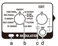 b. PEDAL 2 selector 페달 2 의타입을선택한다. 페달 2 가꺼지면이셀랙터를돌려서켤수있다. c. EDIT knob 각효과의정도를한다. 6. Modulation 편 여기서는모듈레이션효과를세팅할수있다. 자세한사항은 "Modulation"(p25) 을참고하시라. a. MODULATION ON/OFF 스위치와 LED 이수위치로는모듈레이션을켜고끈다.