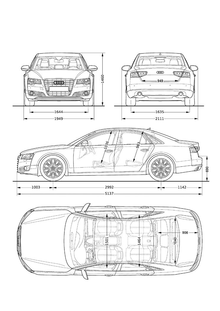 36 Dimensions The Audi A8 The Audi A8 L 1471 929 1644 1949 1635 2111 993 * 994 690 1003 3122 1142 5267 906 1581 ** 1501 *** 1553 ** 1467 *** 1034 치수는밀리미터기준. 치수는공차중량의차량기준으로측정, 지상고는최대하중을실은차량기준으로측정.