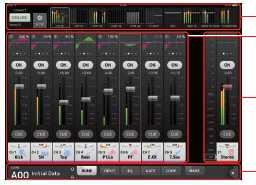 HOME 화면 StageMix 의메인화면입니다. 부팅시에는이화면이표시됩니다. TOOLBAR 영역에있는 [HOME] 버튼을누를때도이화면으로돌아옵니다. METER 영역 상세표시영역 개요스트립영역 TOOLBAR 영역 METER 영역인풋레벨, 아웃풋레벨, 페이더레벨외에 SENDS ON FADER 모드일때에는센드레벨을일괄표시합니다.
