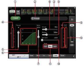 COMP 화면 TOOLBAR 영역 COMP 버튼을누르면표시됩니다. 각채널의컴프레서를설정합니다. 1 COMP 버튼컴프레서기능의켜기 / 끄기를전환합니다. 2 1-knob 버튼 1-knob 모드와매뉴얼모드를전환합니다. 3 1-knob 레벨슬라이더 (1-knob 모드에서만 ) 1-knob COMP 의정도를조정합니다. 매뉴얼모드인때는표시되지않습니다.