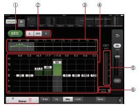 GEQ 화면 TOOLBAR 영역의 GEQ 버튼을누르면표시됩니다. AUX1~8 과 STEREO 채널에는그래픽 EQ( 이하 "GEQ") 가내장되어있습니다. 모노사양의 12 밴드 GEQ 입니다. 밴드의폭은 1/3 옥타브단위이며게인가변폭은 ±15dB 입니다. 31BandGEQ 와같은 31 밴드중, 임의의 12 밴드까지게인을조정할수있습니다.