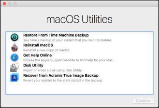 4.2 Mac 복구 Mac 이시작되지않거나제대로작동하지않는경우다음지시에따라 Mac 을복구하십시오. Mac 을복구하려면다음을수행하십시오. 1. 확인사항 : 이전에생성해두었던 Acronis True Image 백업. 백업이없다면복구가불가능합니다. 자세한내용은로컬또는네트워크스토리지로백업 ( 페이지. 18) 및 Acronis Cloud 로백업 ( 페이지.