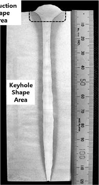 75 Conduction Shape Area Keyhole Shape Area 재에대해 V notch 를위치시켜각각 5개의시편을제작하여상온에서실험하였다. 또한 OM, SEM을이용하여각영역에서의응고조직및파단면을관찰하였다.